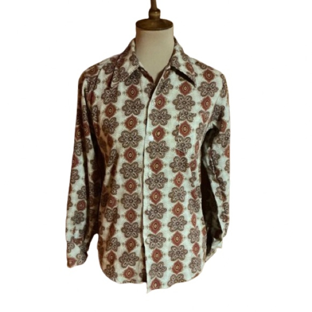 Vtg 70s earthy flowers big collar button down shirt